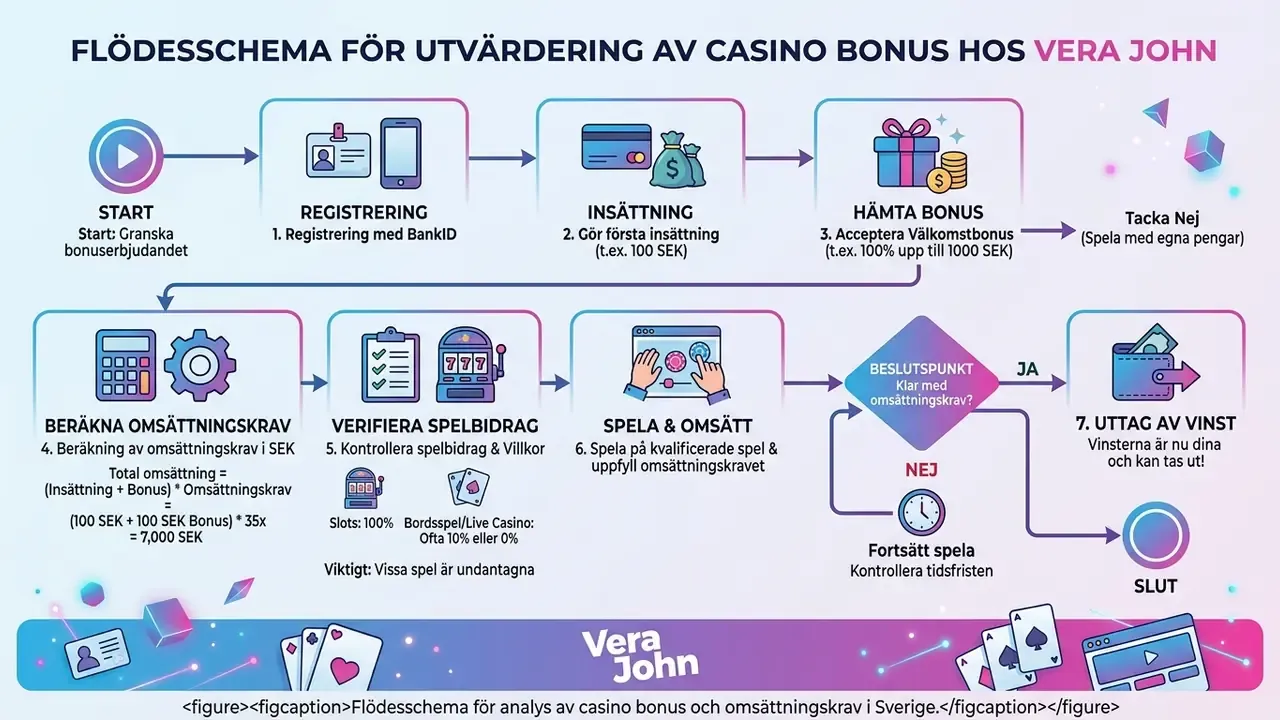 Flödesschema för analys av casino bonus och omsättningskrav i Sverige