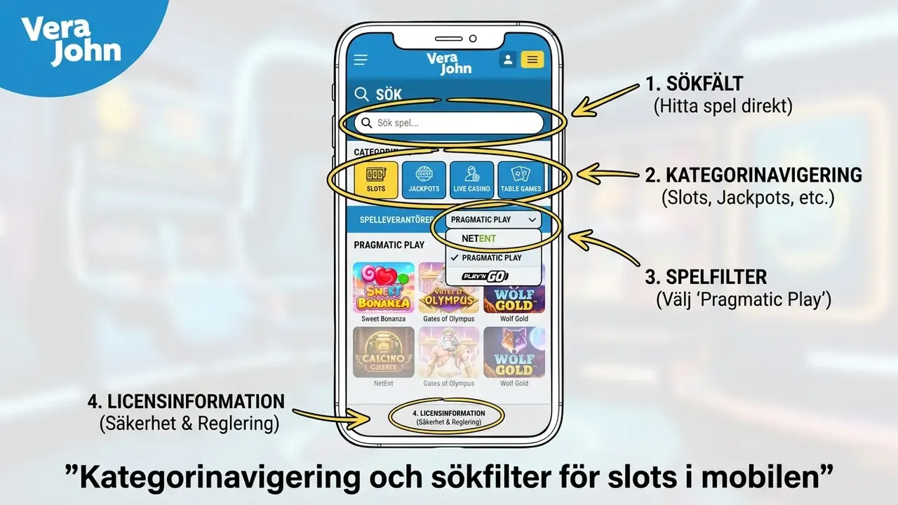 Mobilgränssnitt för filtrering av slots hos Vera John